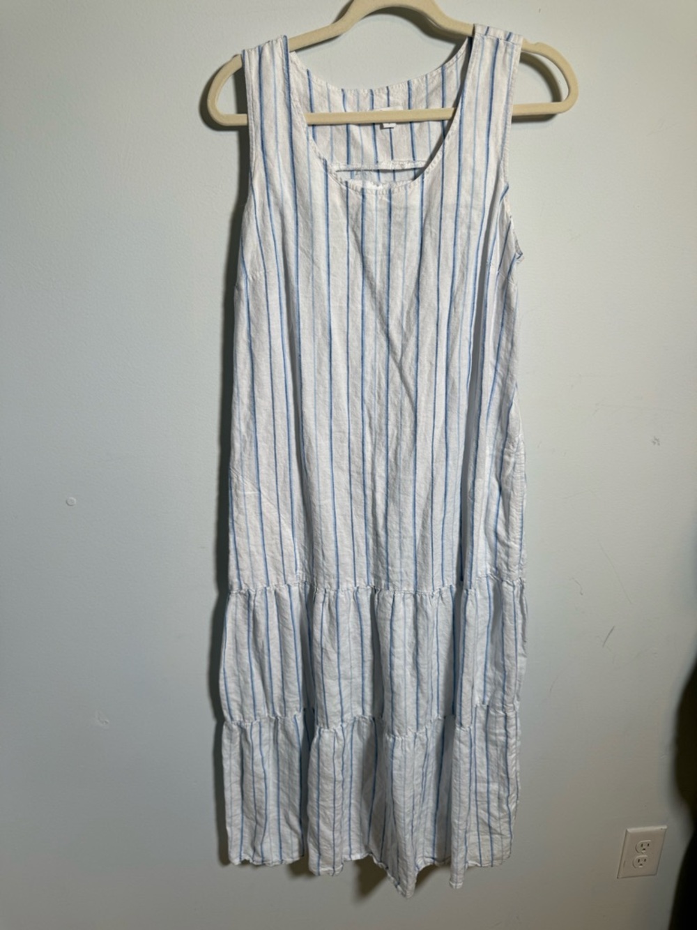J Jill Love Linen Striped Tiered Midi Dress Coastal Grandma Cottagecore M